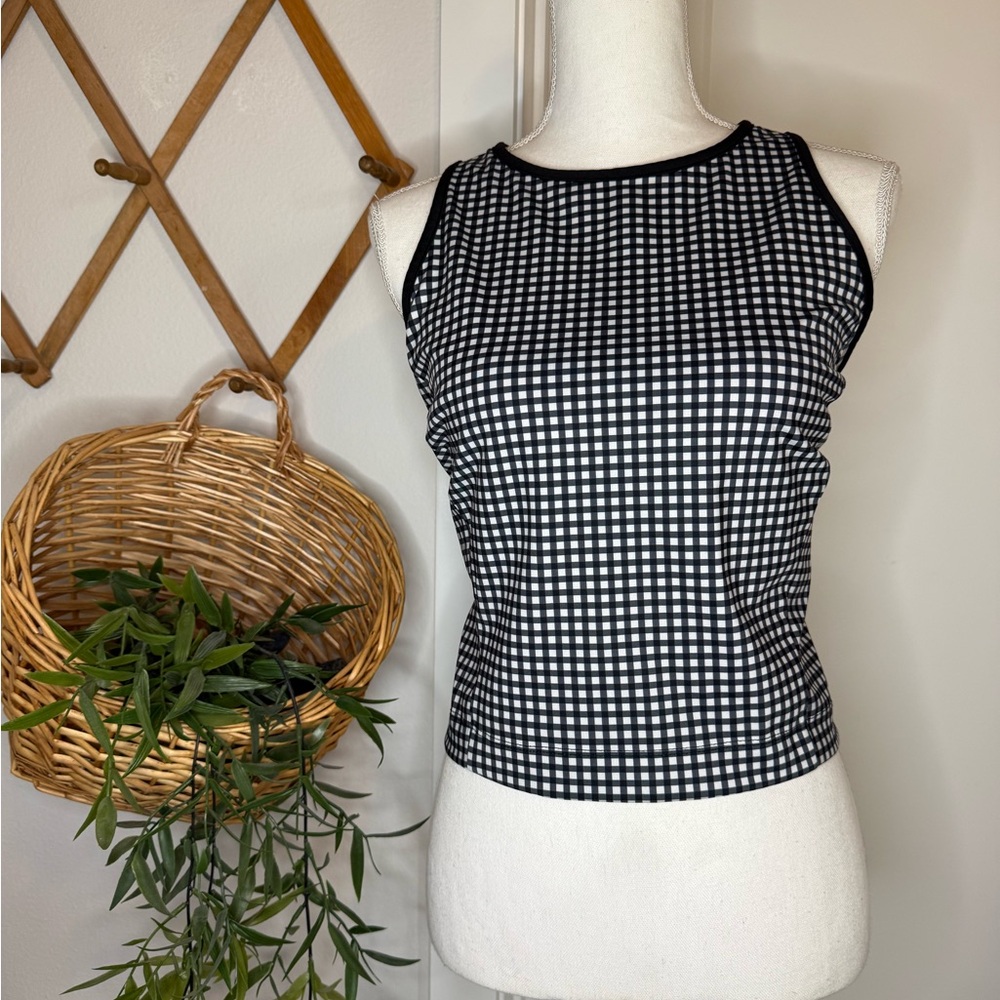 Black White Gingham Athletic Tank Built In Bra Racerback Workout Top
